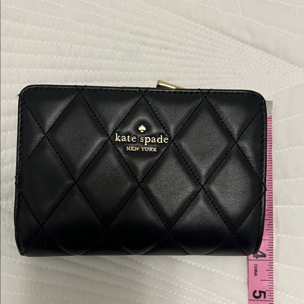 kate spade Quilted Black Leather Compact Wallet with Gold Logo - Picture 9 of 9